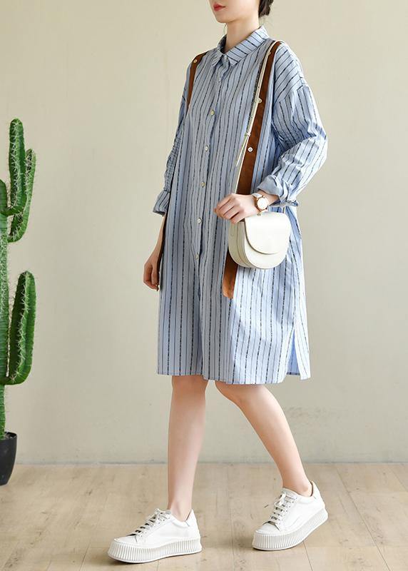 Blue Striped Cotton Button Spring Dresses