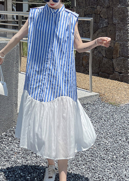Blue Striped Patchwork Button Chiffon Long Dress Summer
