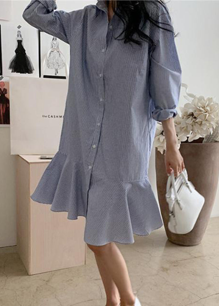 Blue Striped Peter Pan Collar Ruffles Cotton Shirt Dress Spring