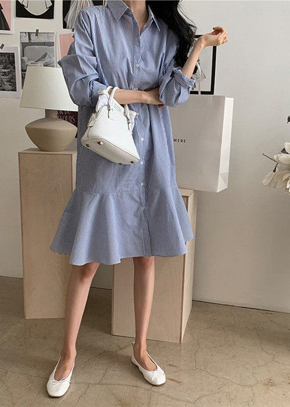 Blue Striped Peter Pan Collar Ruffles Cotton Shirt Dress Spring