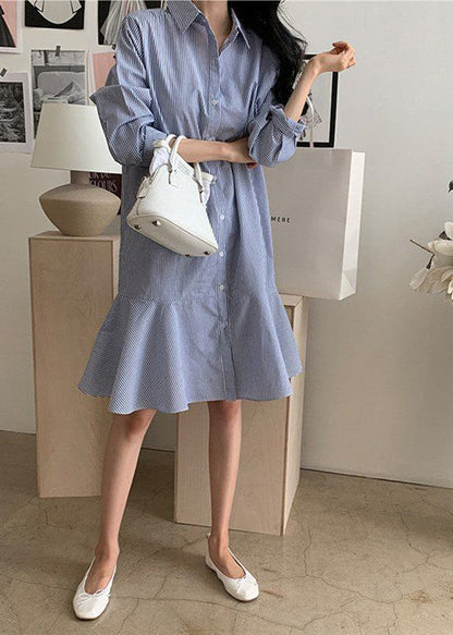 Blue Striped Peter Pan Collar Ruffles Cotton Shirt Dress Spring