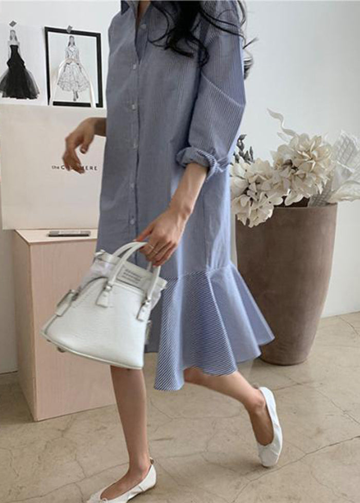Blue Striped Peter Pan Collar Ruffles Cotton Shirt Dress Spring