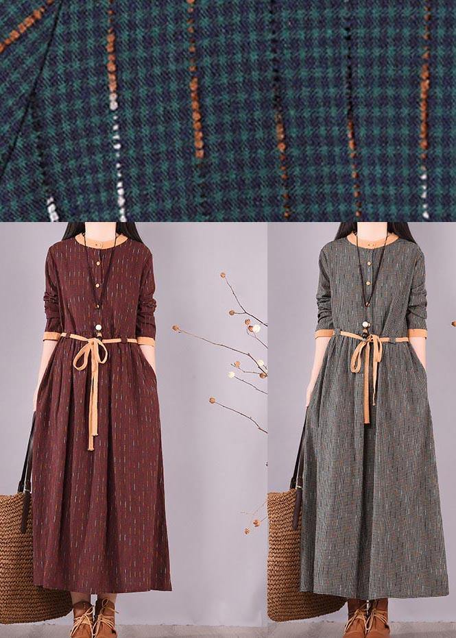Blue Striped Quilting Clothes O Neck Tie Waist Long Spring Dresses