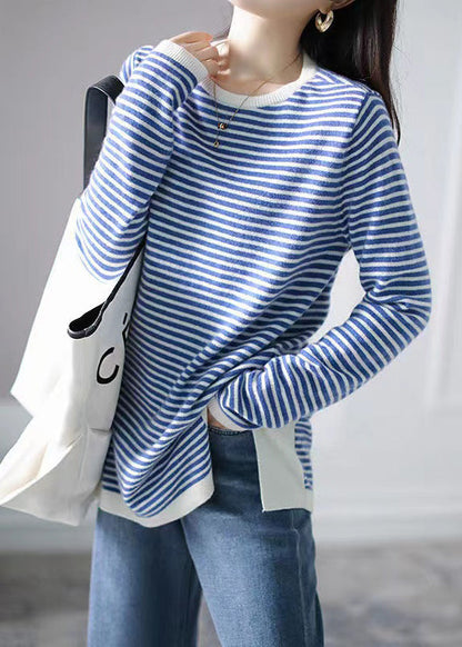 Blue Striped Side Open Knitting Cotton Tops Fall