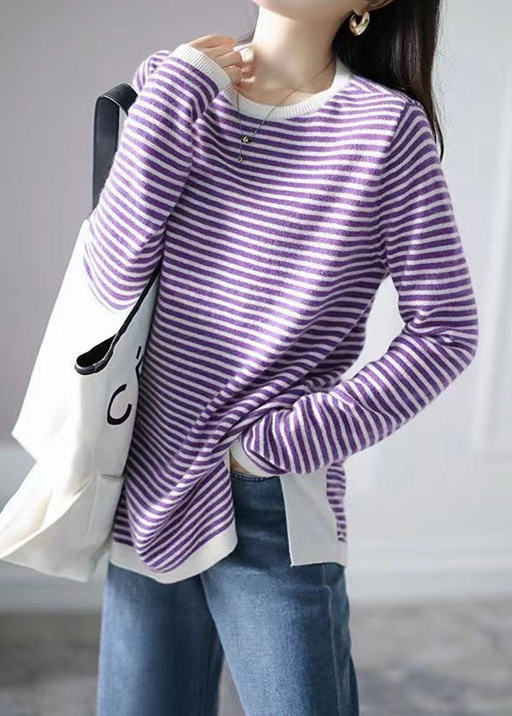 Blue Striped Side Open Knitting Cotton Tops Fall