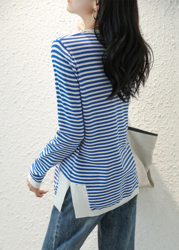 Blue Striped Side Open Knitting Cotton Tops Fall