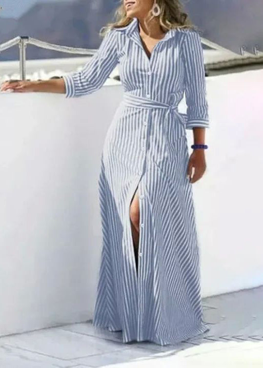 Blue Striped Tie Waist Cotton Shirt Dress Summer
