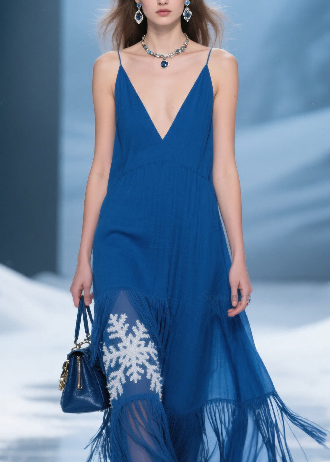 Blue Tassel Patchwork Spaghetti Strap Dress Summer