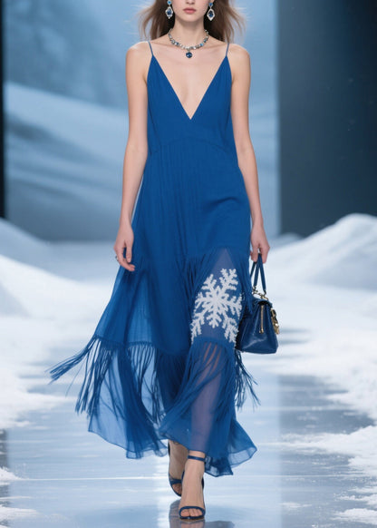 Blue Tassel Patchwork Spaghetti Strap Dress Summer
