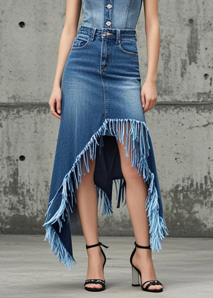 Blue Tasseled Asymmetrical Design Denim Skirt Spring