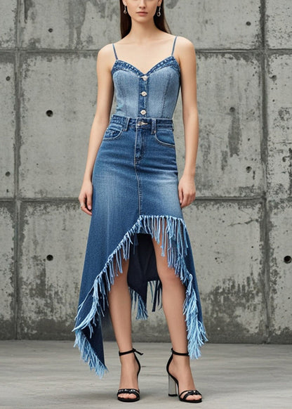 Blue Tasseled Asymmetrical Design Denim Skirt Spring