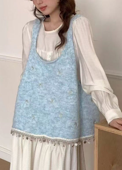 Blue Tasseled Bow Knitted Tops Spring