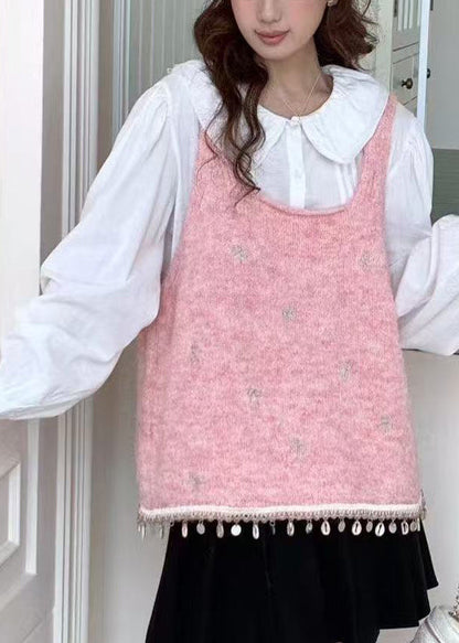 Blue Tasseled Bow Knitted Tops Spring