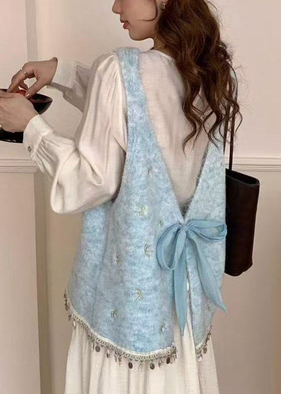Blue Tasseled Bow Knitted Tops Spring
