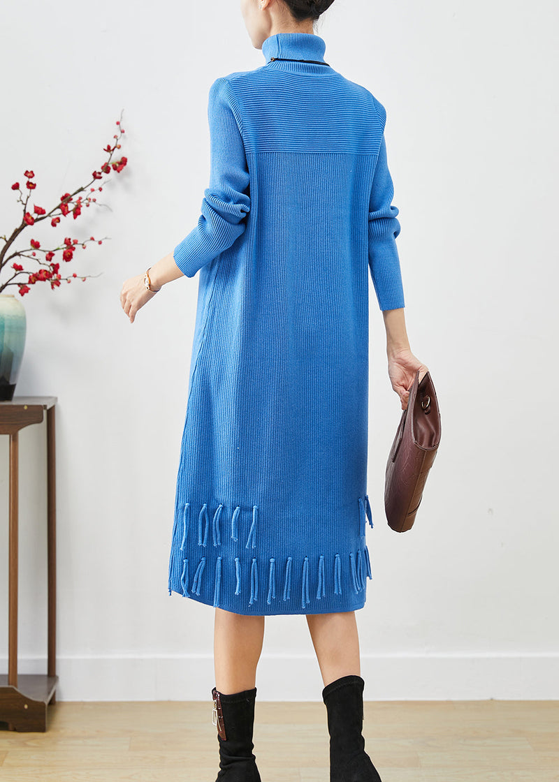 Blue Tasseled Patchwork Knit Long Dress Fall