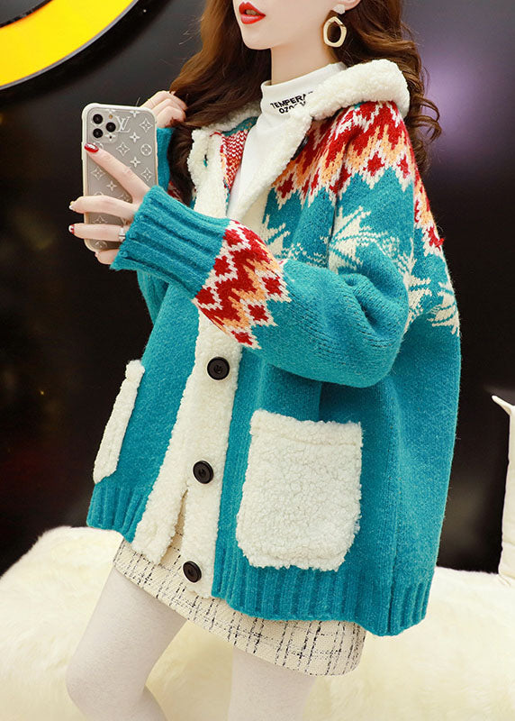 Blue Thick Cozy Button Patchwork Fall Knit Coat