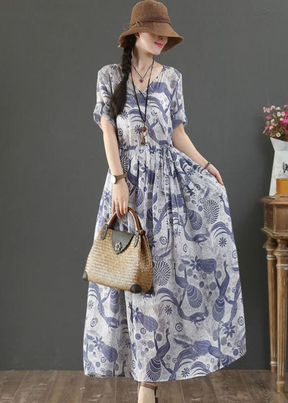 Blue Tie Waist V Neck Print Linen Maxi Dress Short Sleeve