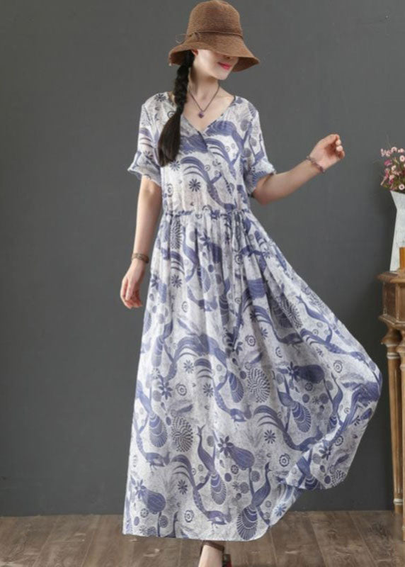 Blue Tie Waist V Neck Print Linen Maxi Dress Short Sleeve