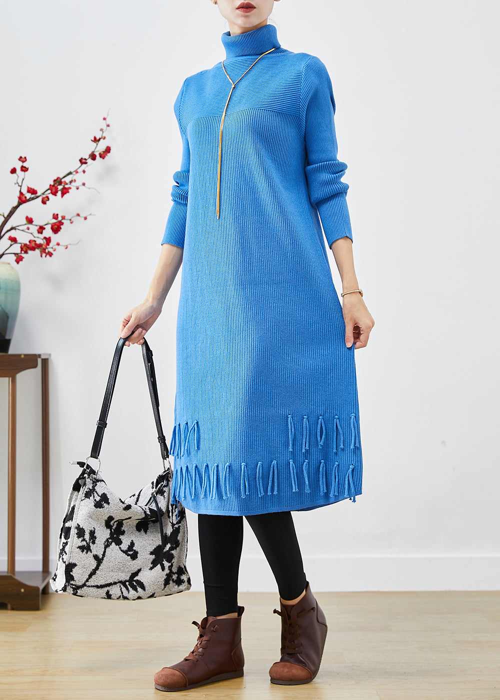 Blue Turtle Neck Tasseled Knitted Dress Fall