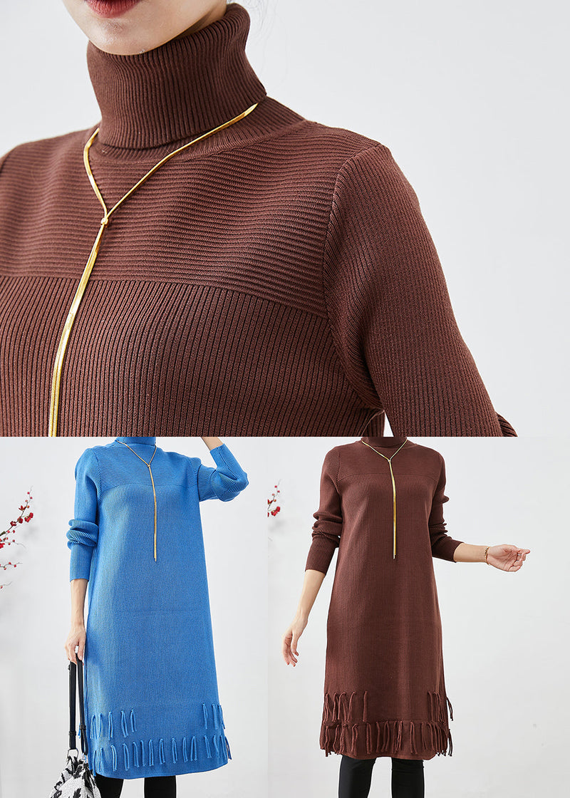 Blue Turtle Neck Tasseled Knitted Dress Fall