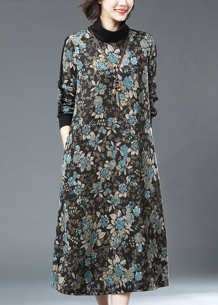 Blue Turtleneck Print Patchwork Warm Fleece Long Dresses Fall