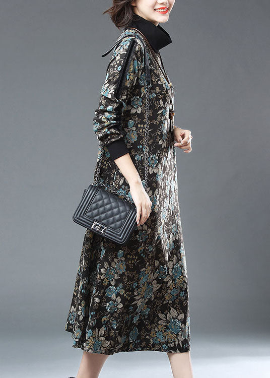 Blue Turtleneck Print Patchwork Warm Fleece Long Dresses Fall