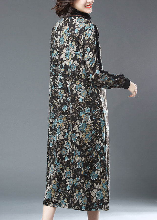 Blue Turtleneck Print Patchwork Warm Fleece Long Dresses Fall