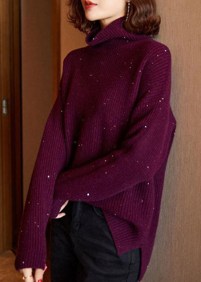 Blue Turtleneck Side Open Cotton Knit Sweaters Long Sleeve