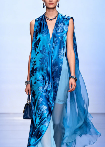 Blue V Neck Asymmetrical Design Print Silk Dresses Sleeveless