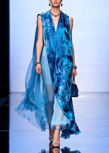 Blue V Neck Asymmetrical Design Print Silk Dresses Sleeveless