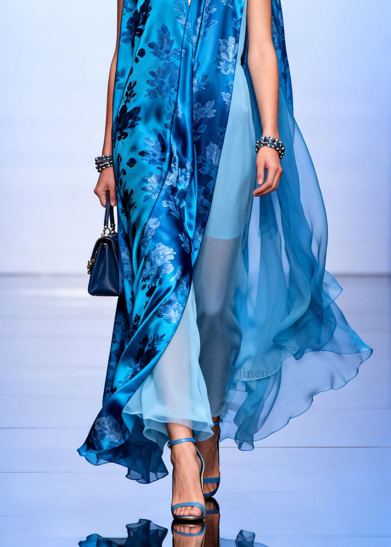 Blue V Neck Asymmetrical Design Print Silk Dresses Sleeveless