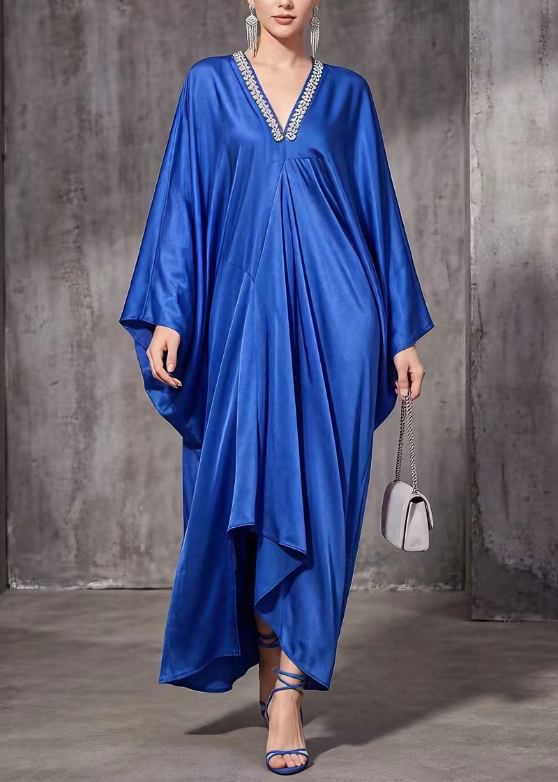 Blue V Neck Asymmetrical Design Silk Dress Spring