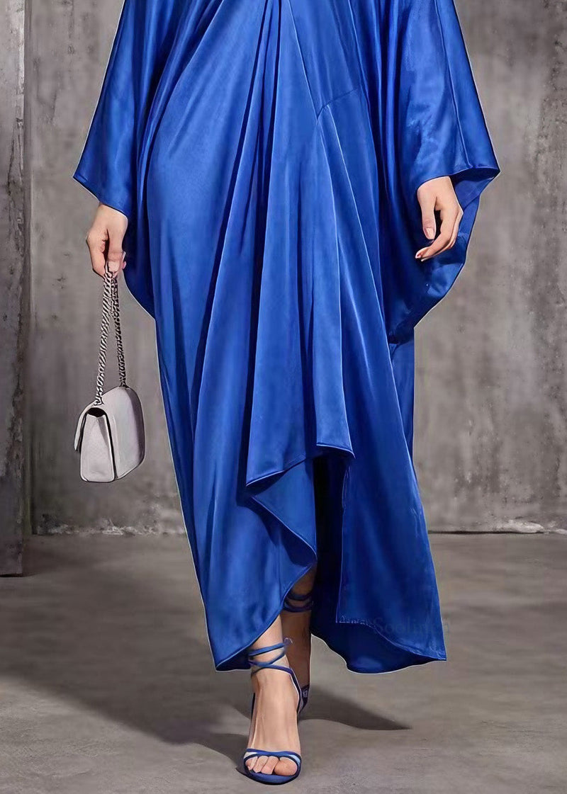 Blue V Neck Asymmetrical Design Silk Dress Spring