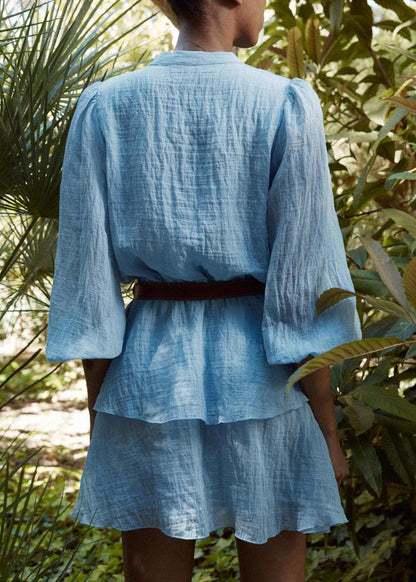 Blue V Neck Button Patchwork Cotton Short Dress Fall
