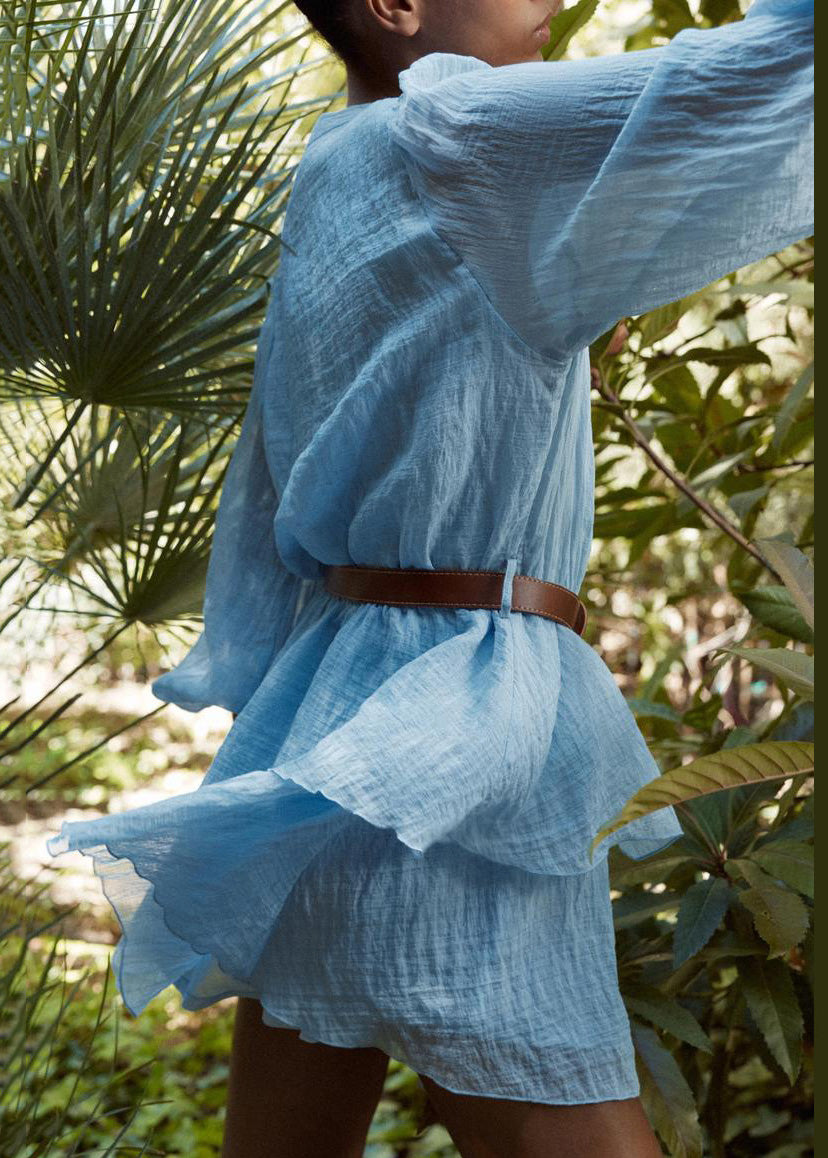 Blue V Neck Button Patchwork Cotton Short Dress Fall