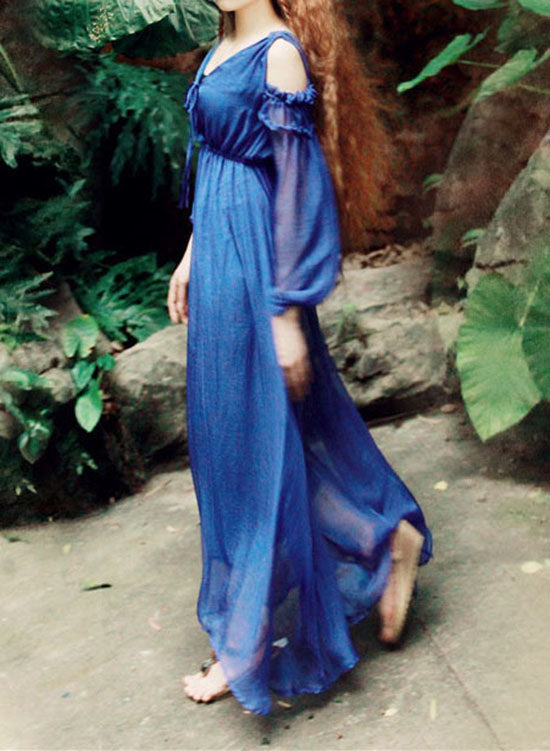 Blue V Neck Cold Shoulder Silk Maxi Dresses Puff Sleeve