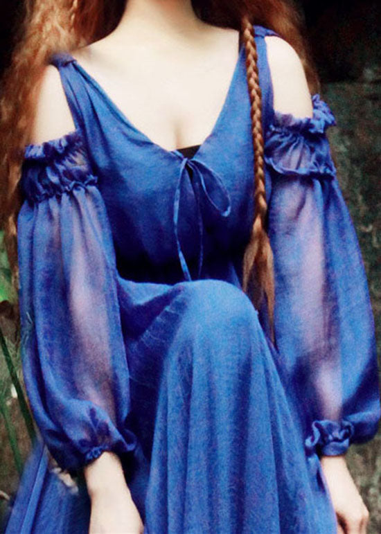 Blue V Neck Cold Shoulder Silk Maxi Dresses Puff Sleeve