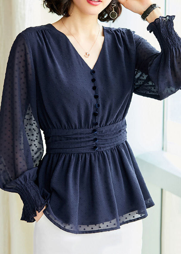 Blue V Neck Dot Button Chiffon Cinch Shirts Long Sleeve
