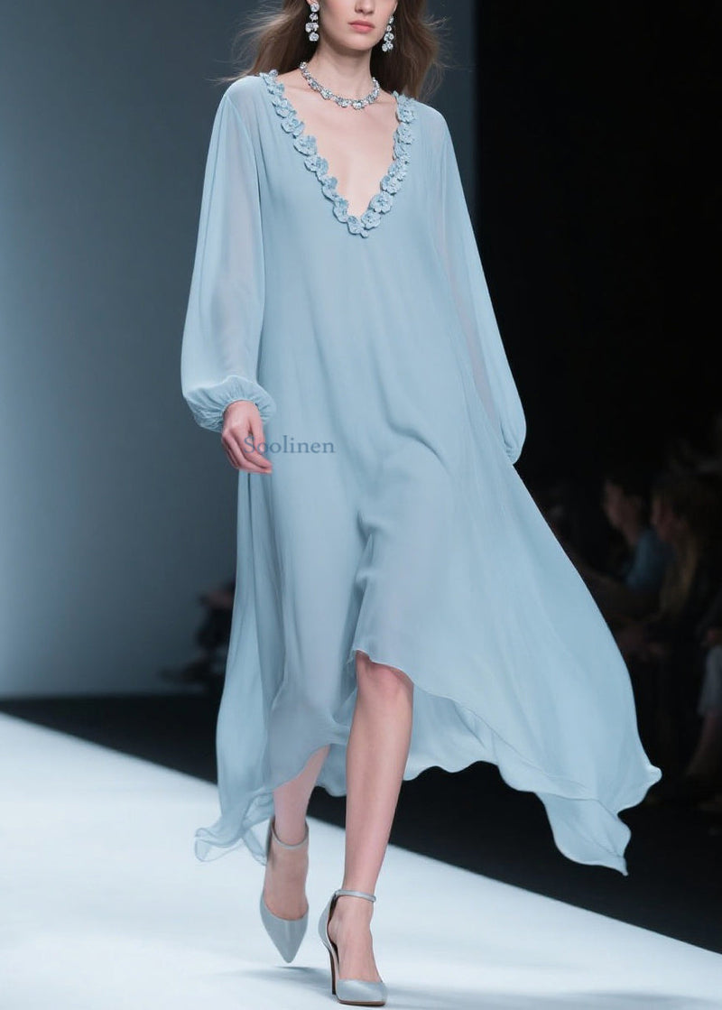Blue V Neck Chiffon Long Dresses