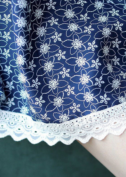 Blue V Neck Lace Patchwork Print Chiffon Top Half Sleeve