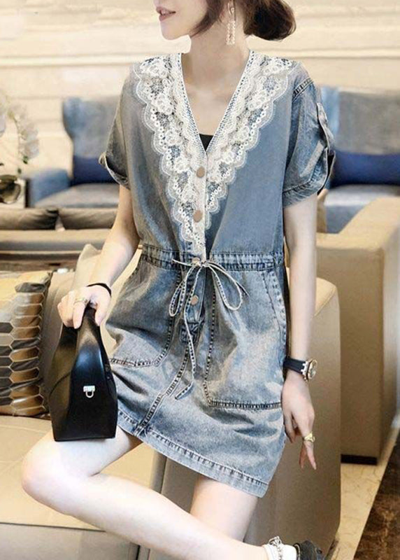 Blue V Neck Lace Patchwork Tie Waist Holiday Mid Dress Short Sleeve
