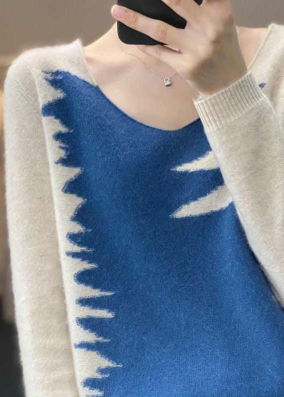 Blue V Neck Patchwork Cozy Top Long Sleeve