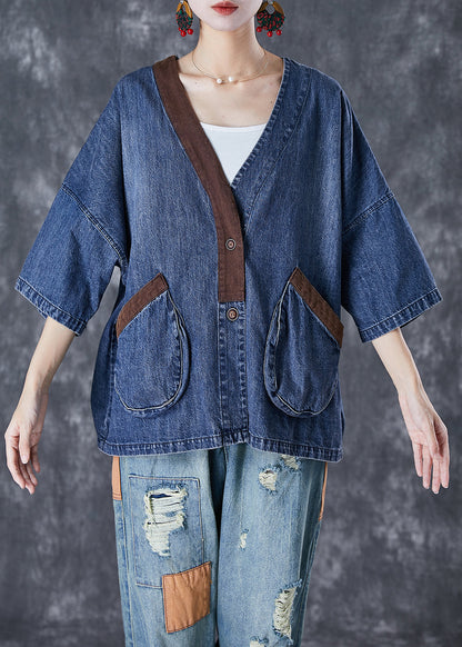 Blue V Neck Patchwork Pockets Denim Coats Summer