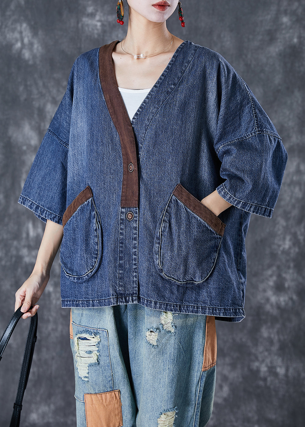 Blue V Neck Patchwork Pockets Denim Coats Summer