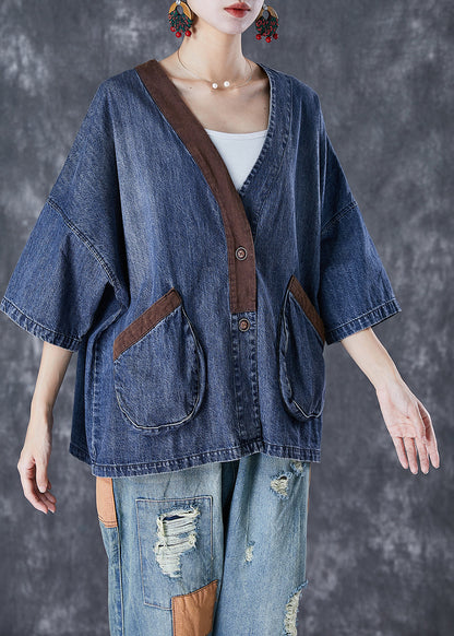 Blue V Neck Patchwork Pockets Denim Coats Summer