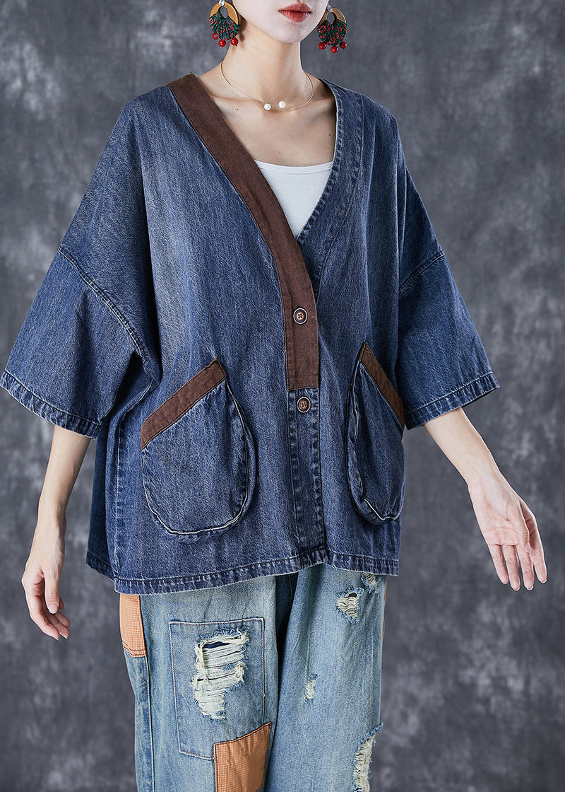 Blue V Neck Patchwork Pockets Denim Coats Summer
