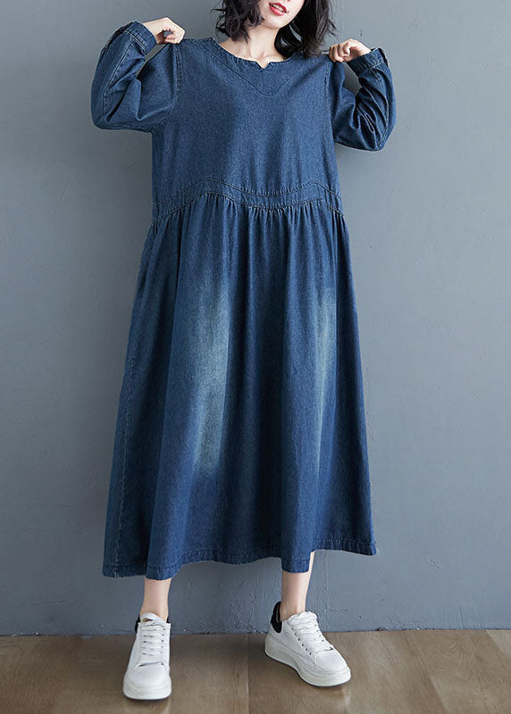 Blue V-neck Pockets Wrinkled Patchwork Denim Dress Fall