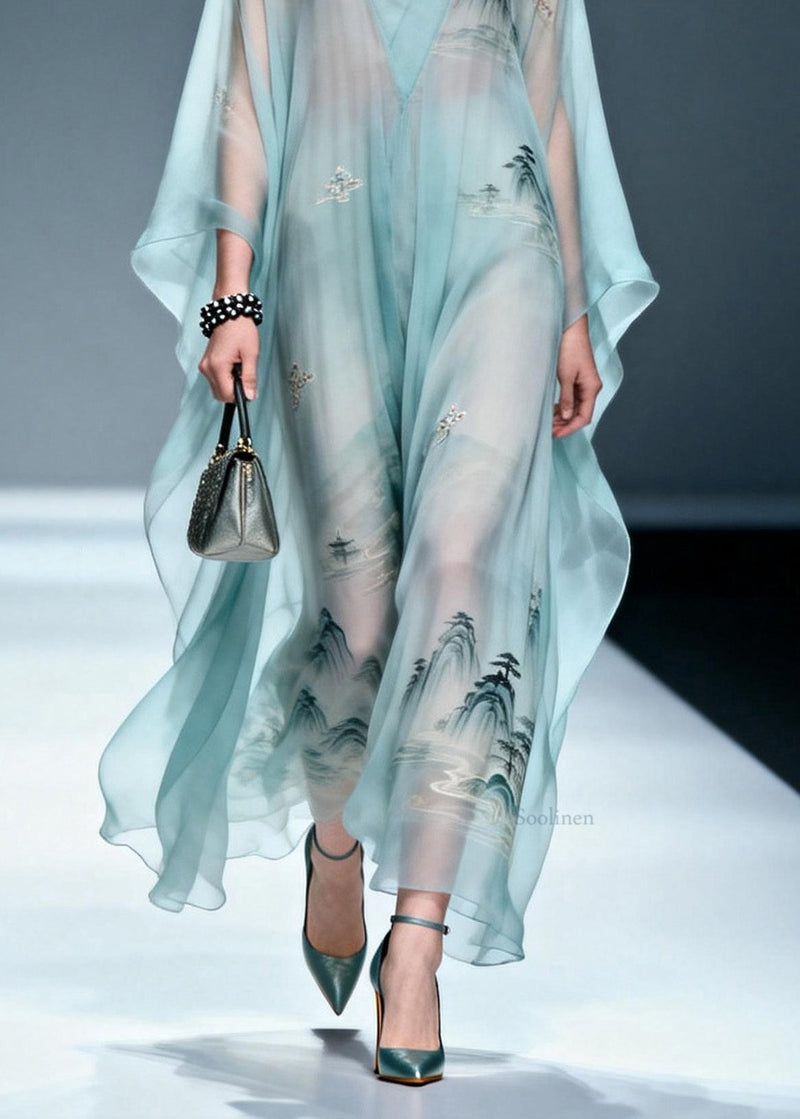 Blue V Neck Print Chiffon Long Dress Spring