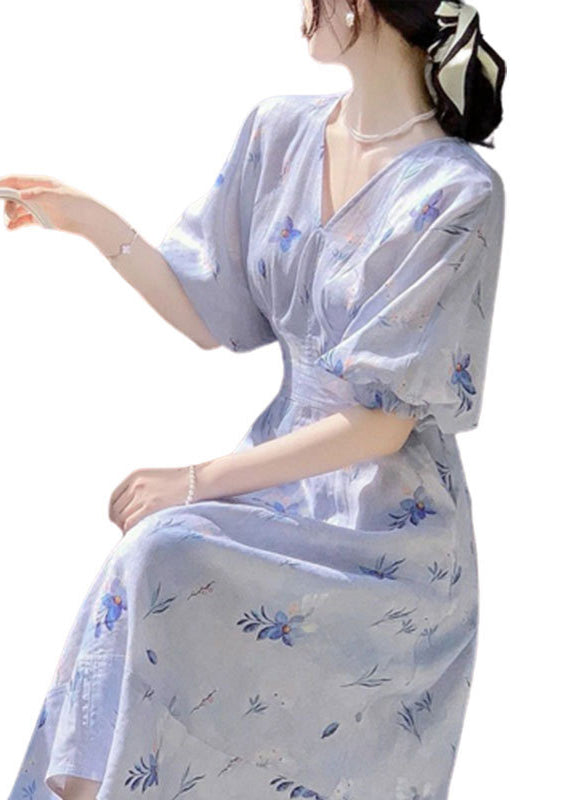 Blue V Neck Print Cotton Long Dress Summer