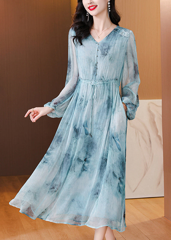 Blue V Neck Print Drawstring Silk Dress Lantern Sleeve